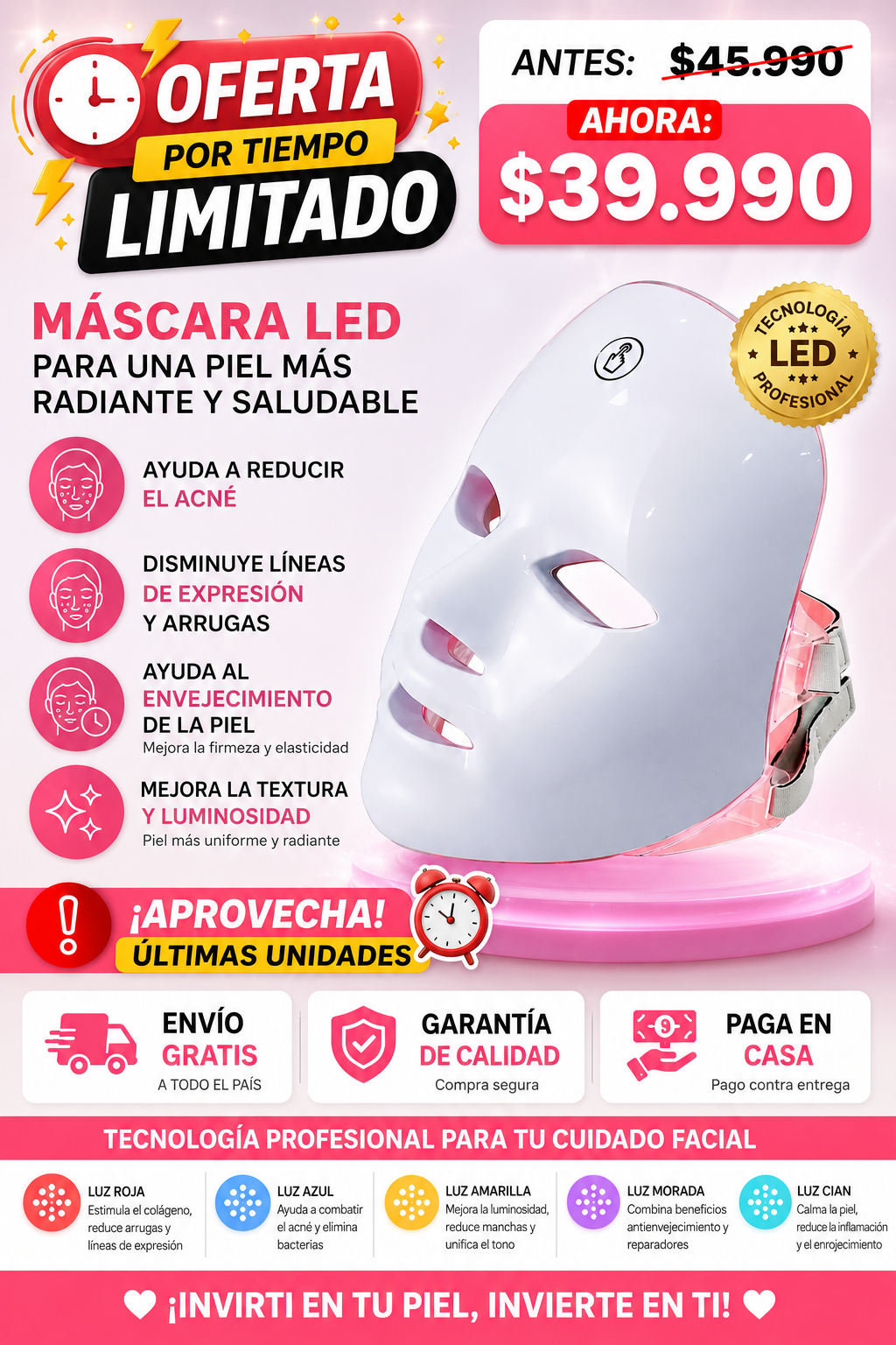 MASCARA LED, ANTIARRUGAS, ACNE, LINEAS DE EXPRESION,MANCHAS, 7 COLORES