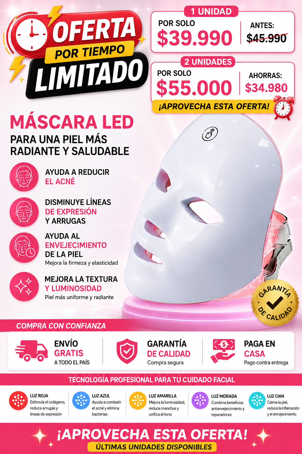 MASCARA LED, ANTIARRUGAS, ACNE, LINEAS DE EXPRESION,MANCHAS, 7 COLORES