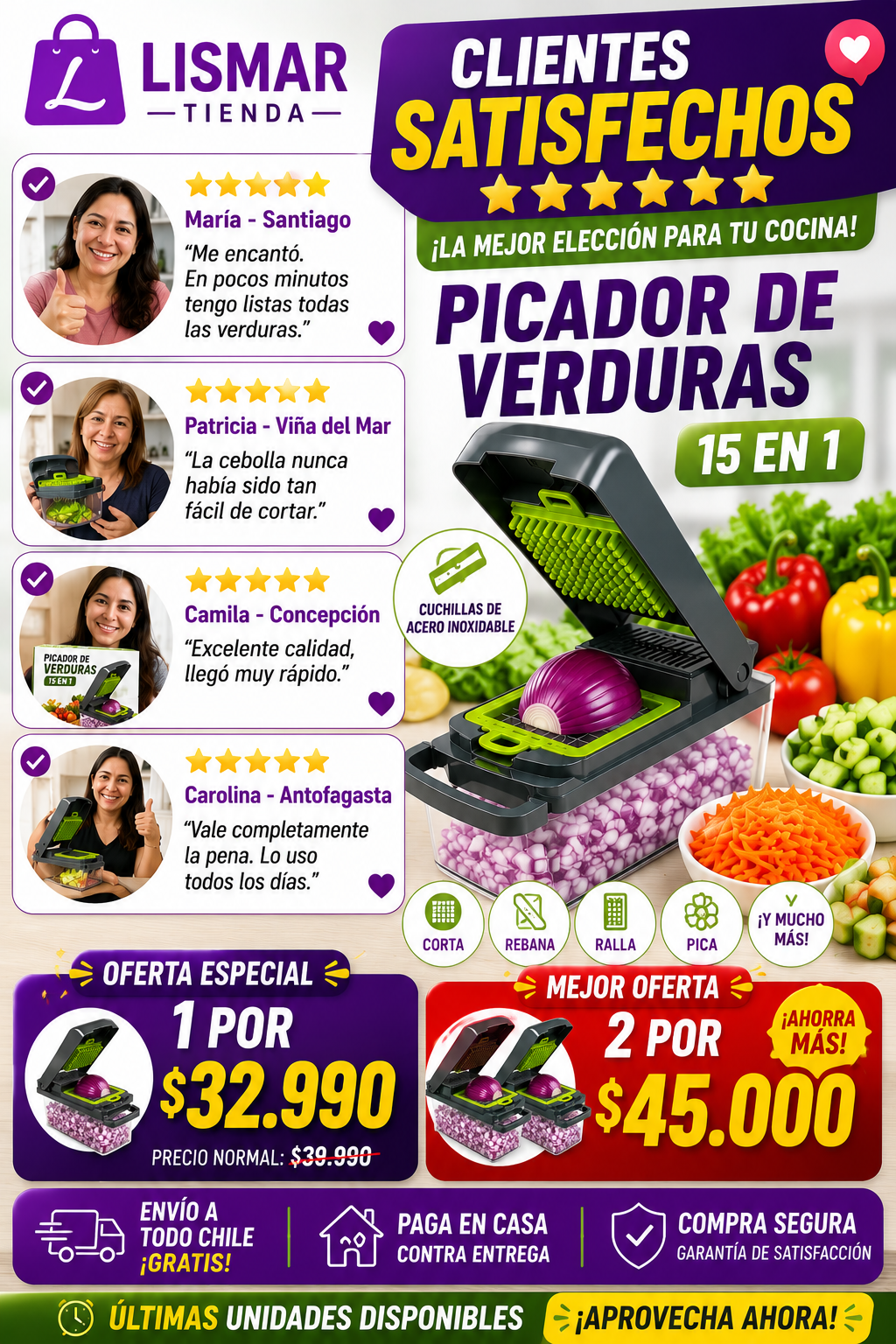 Picador de Verduras Multifuncional 15 en 1 | Corta, rebana y ralla en segundos