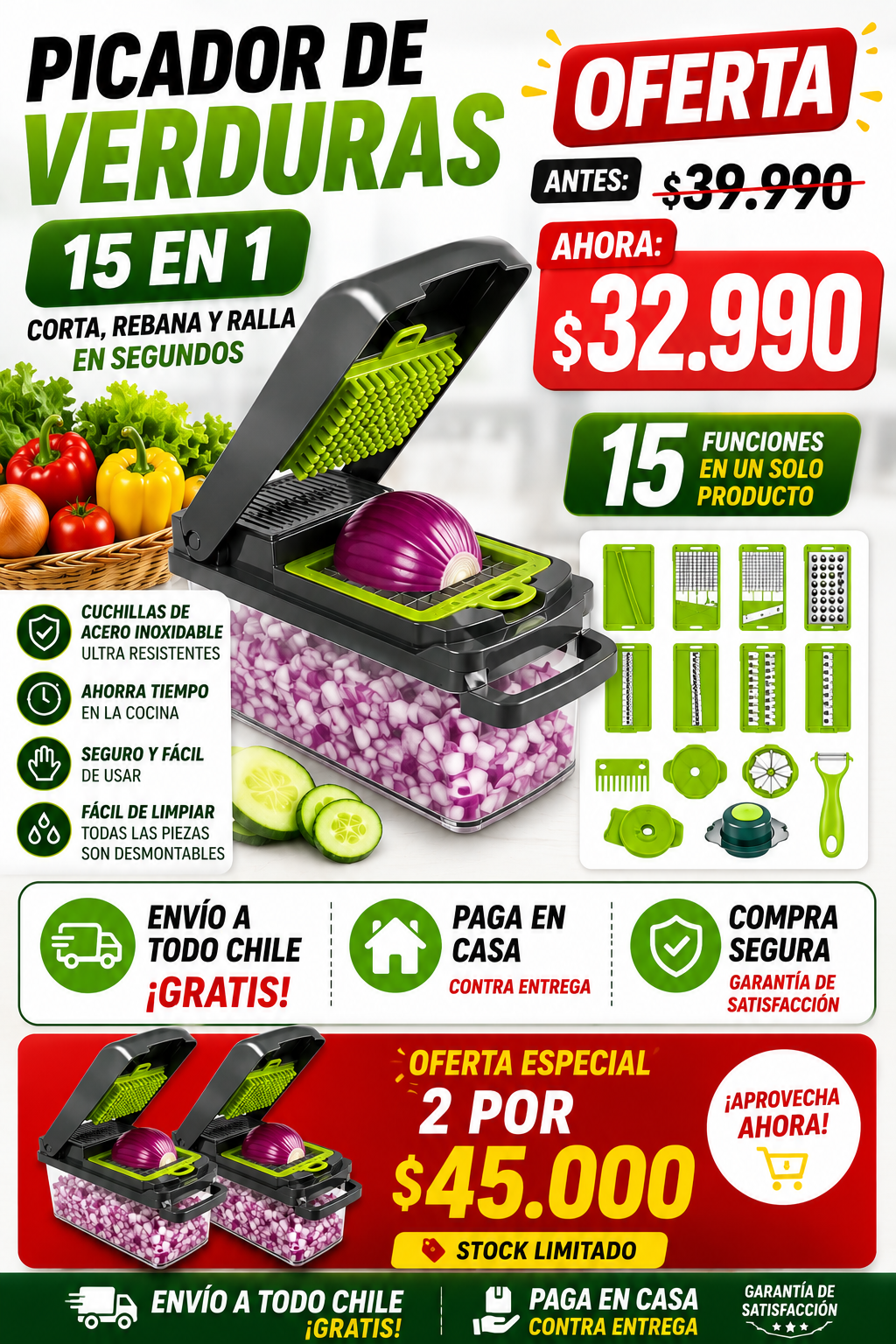 Picador de Verduras Multifuncional 15 en 1 | Corta, rebana y ralla en segundos